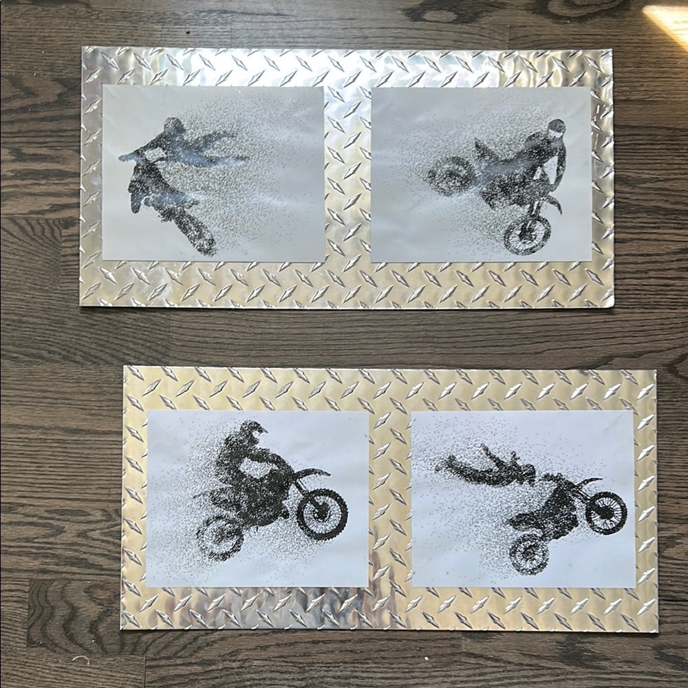 Motorcycle Stunt Art Prints with Silver Frame - dirt bike themed wall decor.